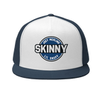 Skinny retro patch 5-panel trucker cap in navy and white, Philadelphia streetwear