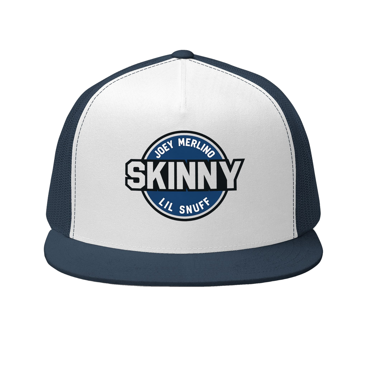 Skinny retro patch 5-panel trucker cap in navy and white, Philadelphia streetwear