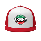 Skinny retro patch 5-panel trucker cap in red and white, Philly culture apparel