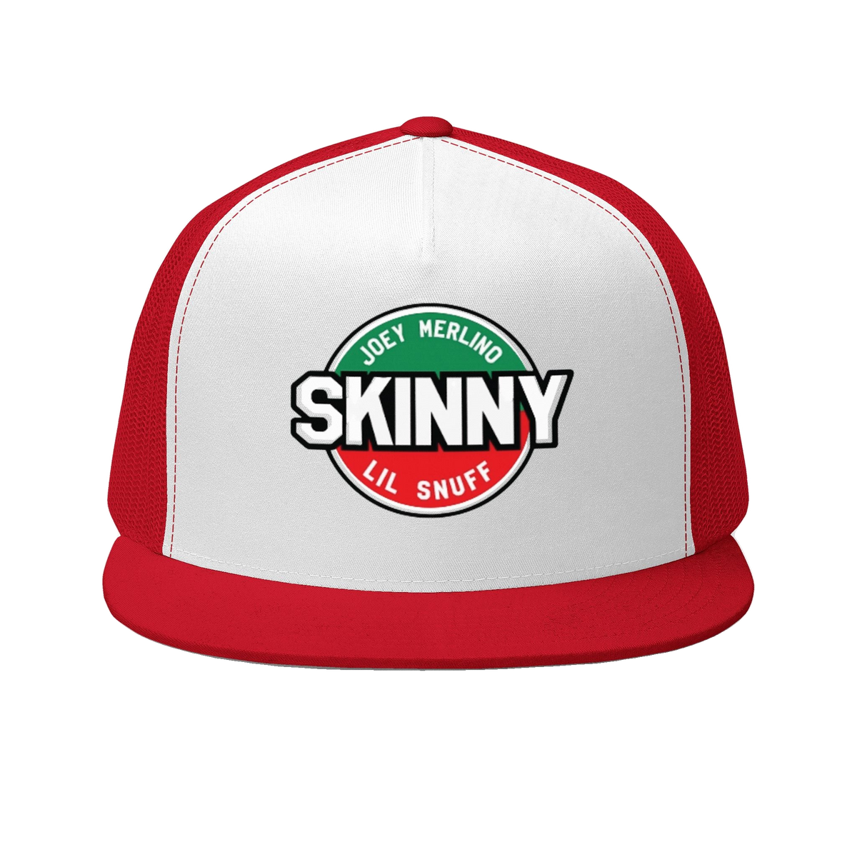 Skinny retro patch 5-panel trucker cap in red and white, Philly culture apparel