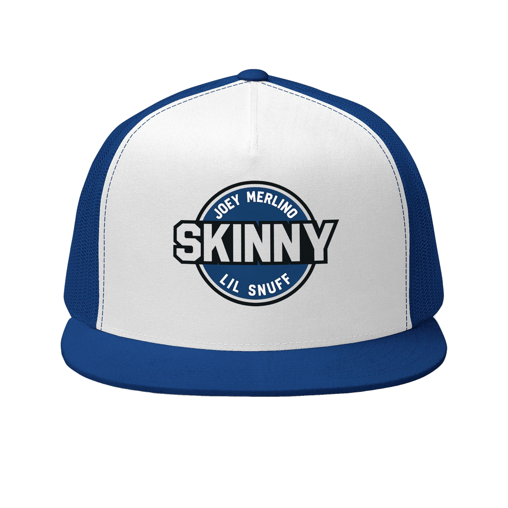 Skinny retro patch 5-panel trucker cap in royal and white, The Skinny with Joey Merlino podcast merch