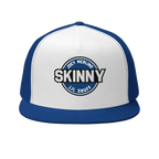 Skinny retro patch 5-panel trucker cap in royal and white, The Skinny with Joey Merlino podcast merch