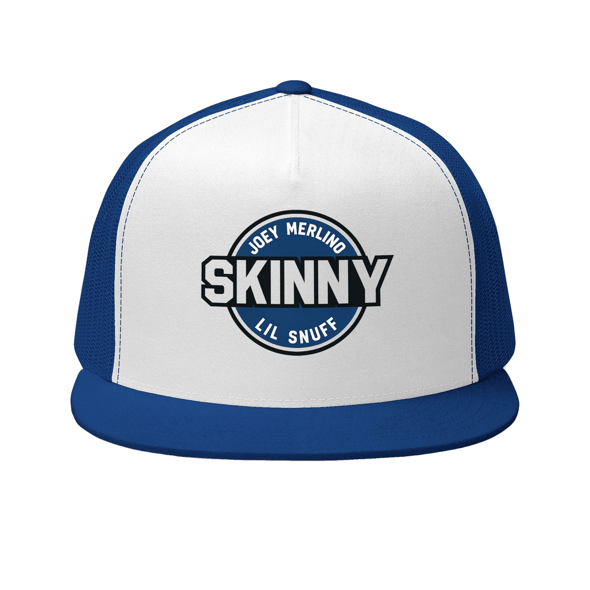 Skinny retro patch 5-panel trucker cap in royal and white, The Skinny with Joey Merlino podcast merch