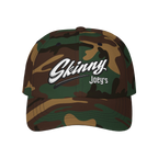 Skinny Joey's retro script dad cap in green camo, South Philly streetwear