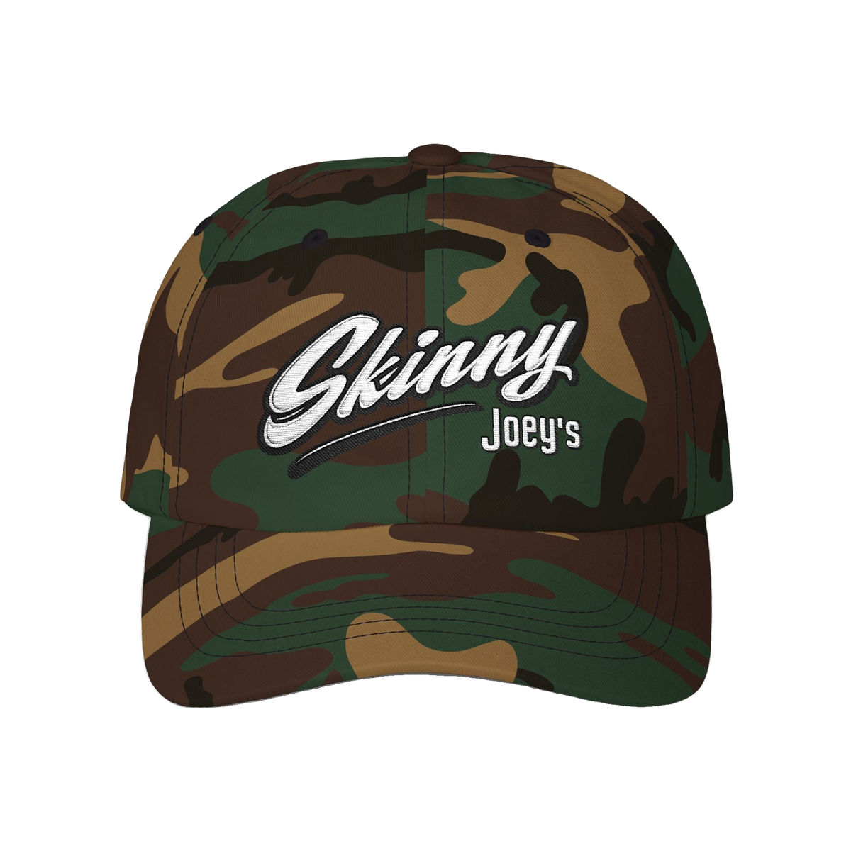 Skinny Joey's retro script dad cap in green camo, South Philly streetwear