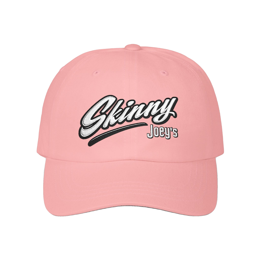 Skinny Joey's retro script dad cap in pink, Philadelphia streetwear