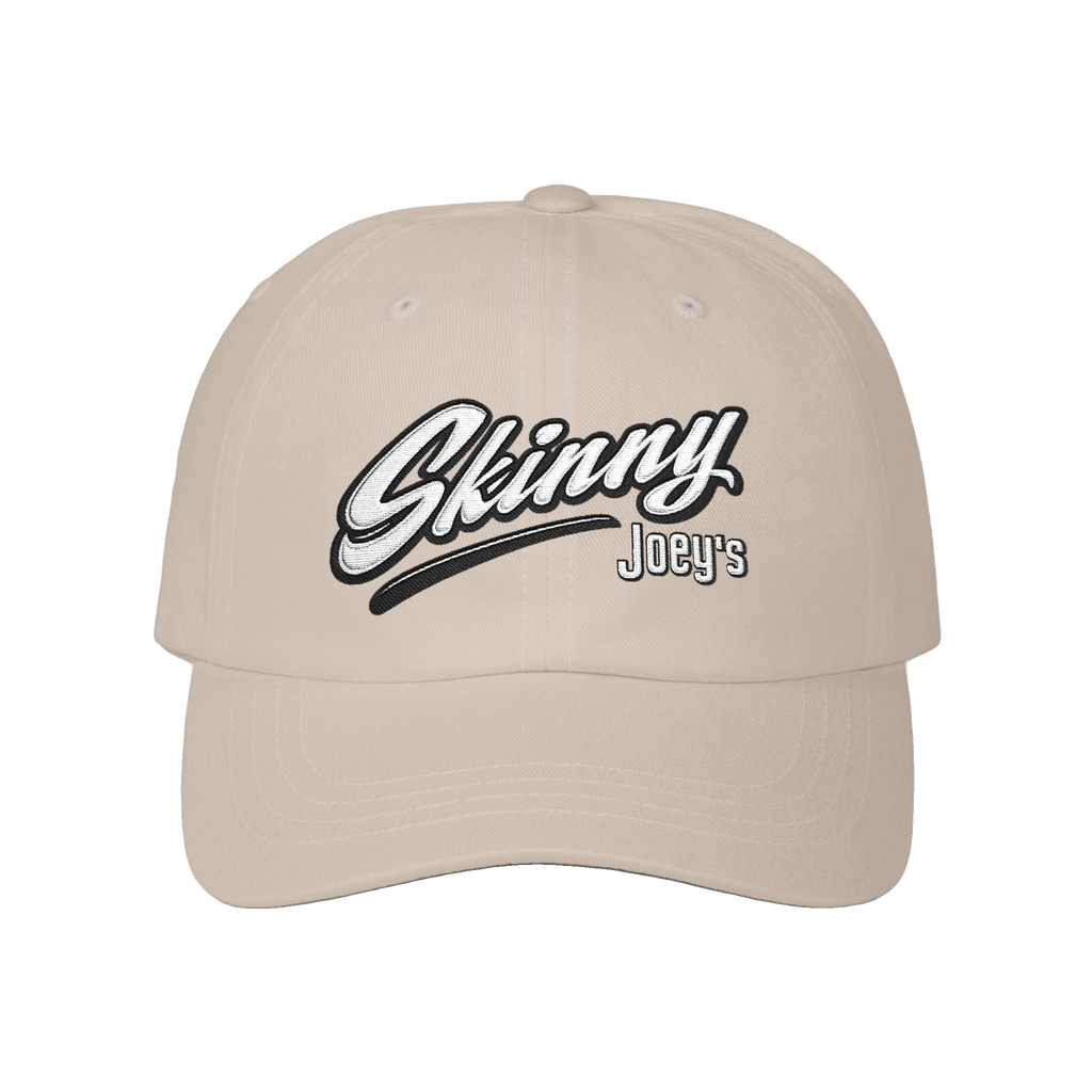 Skinny Joey's retro script dad cap in stone, Italian American pride apparel