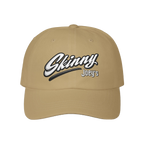Skinny Joey's retro script dad cap in khaki, Philly culture apparel