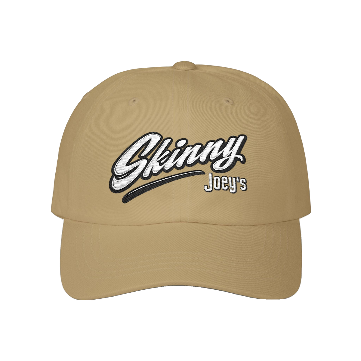 Skinny Joey's retro script dad cap in khaki, Philly culture apparel