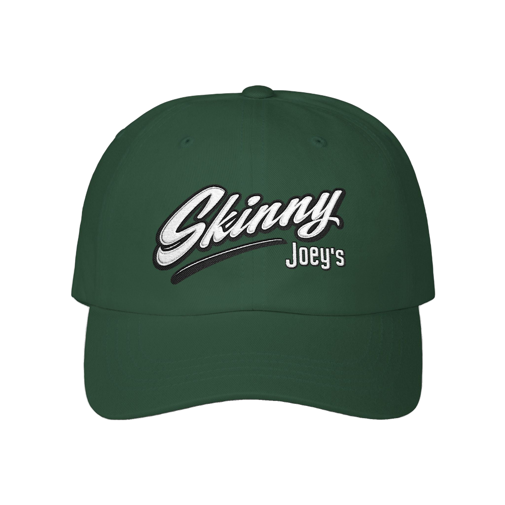 Skinny Joey's retro script dad cap in spruce green, The Skinny Podcast with Joey Merlino & Lil Snuff merch