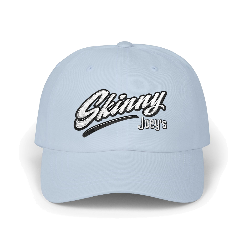 Skinny Joey's retro script dad cap in light blue, The Skinny Podcast with Joey Merlino & Lil Snuff merch