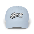 Skinny Joey's retro script dad cap in light blue, The Skinny Podcast with Joey Merlino & Lil Snuff merch