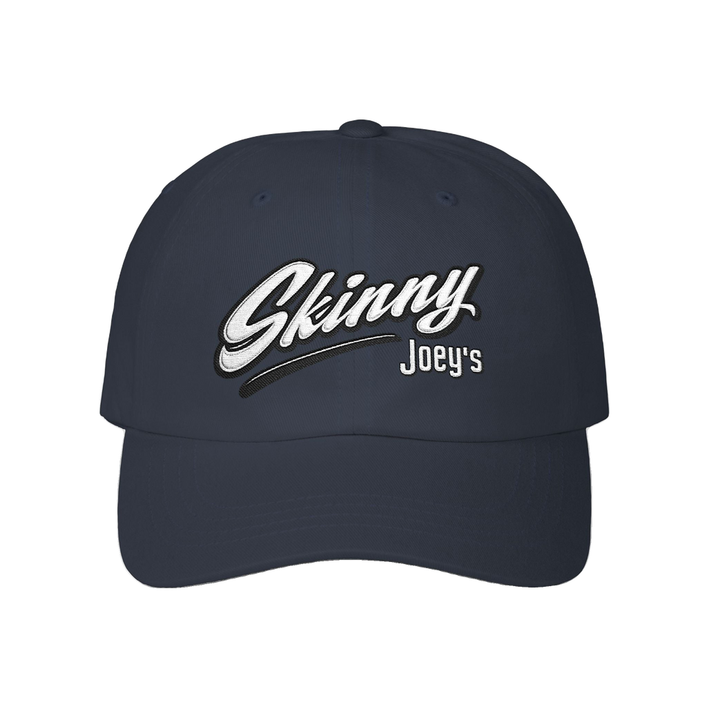 Skinny Joey's retro script dad cap in navy, Skinny Joey's Cheesesteaks apparel