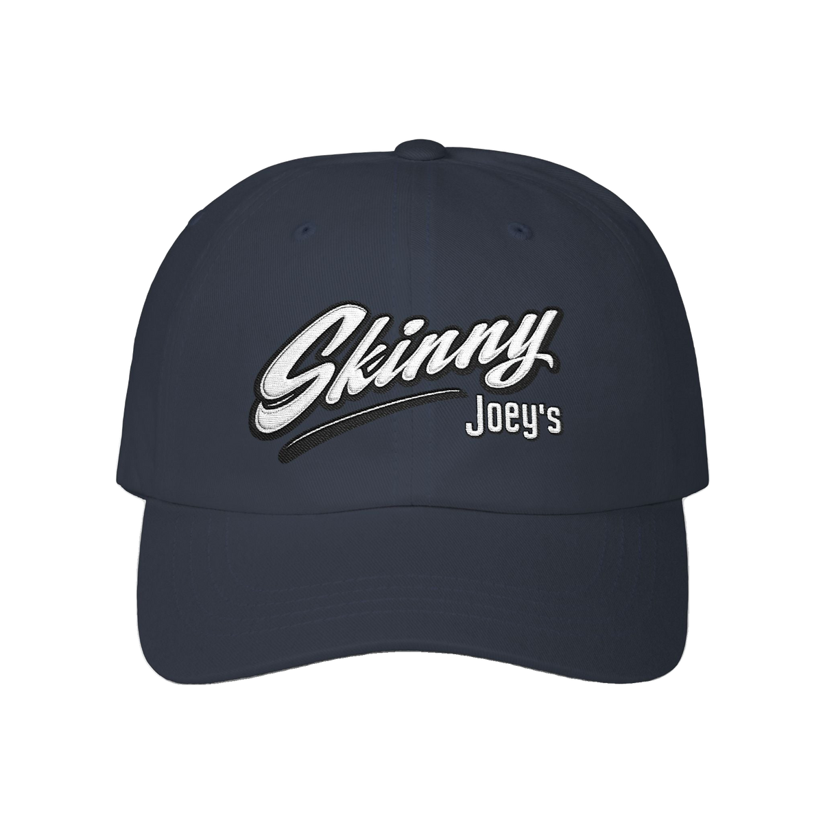 Skinny Joey's retro script dad cap in navy, Skinny Joey's Cheesesteaks apparel