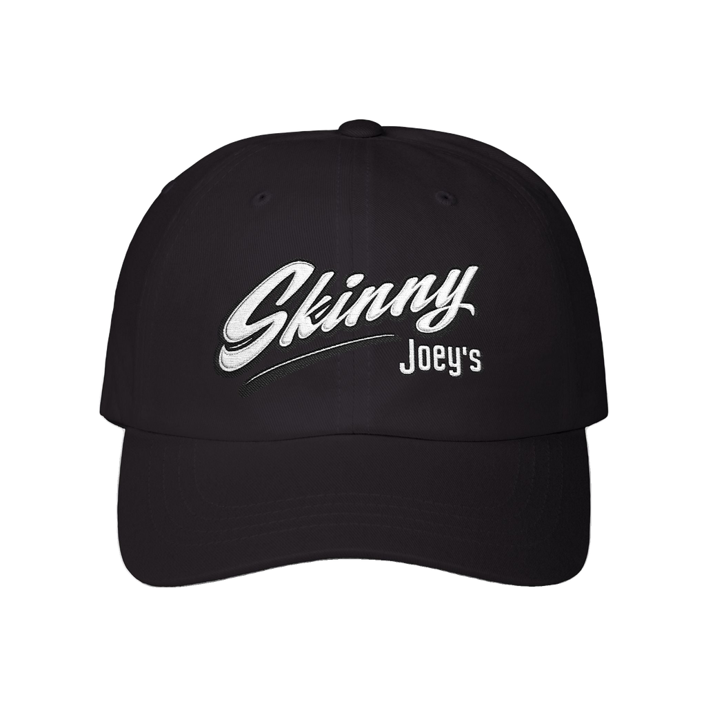 Skinny Joey's retro script dad cap in black, South Philly streetwear