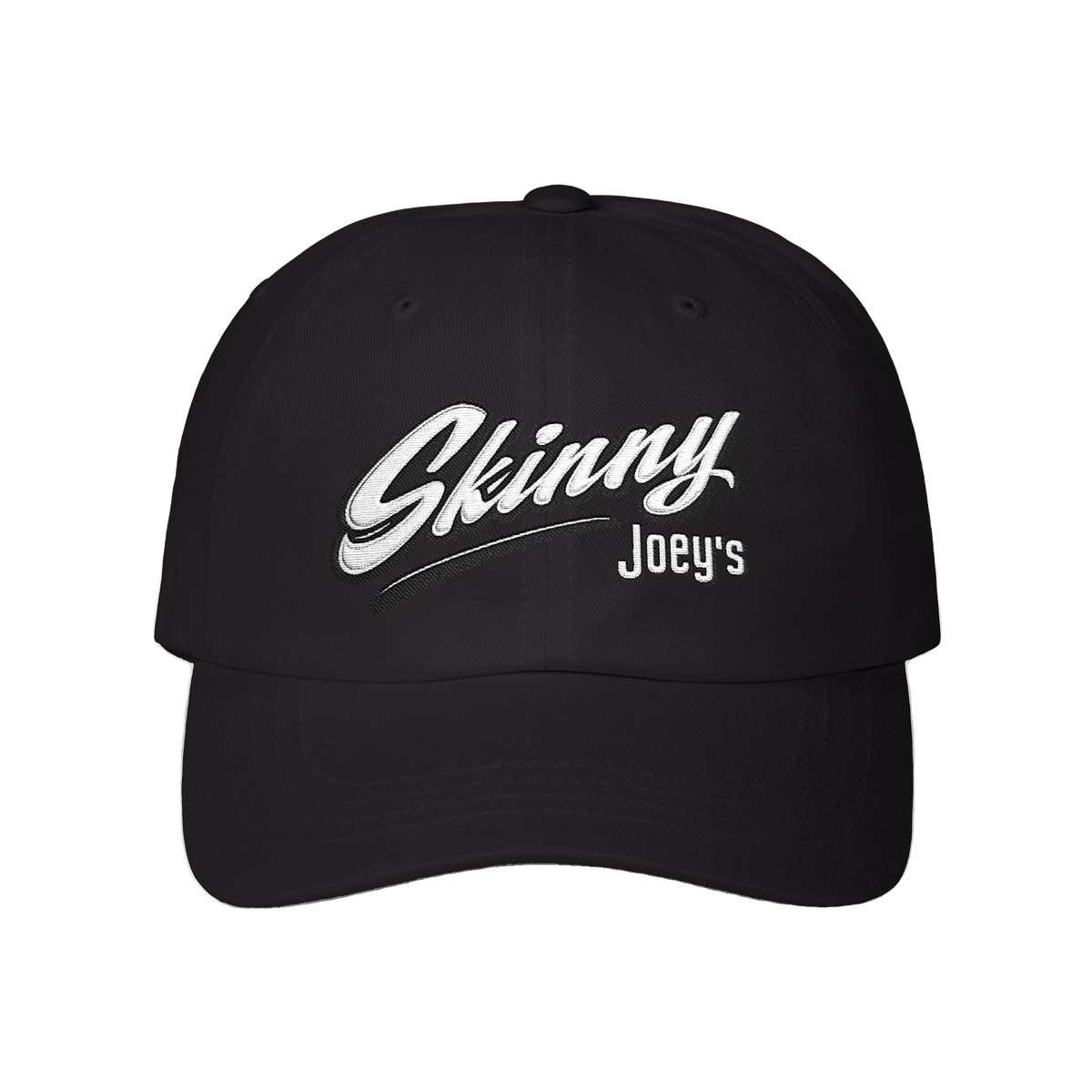 Skinny Joey's retro script dad cap in black, South Philly streetwear