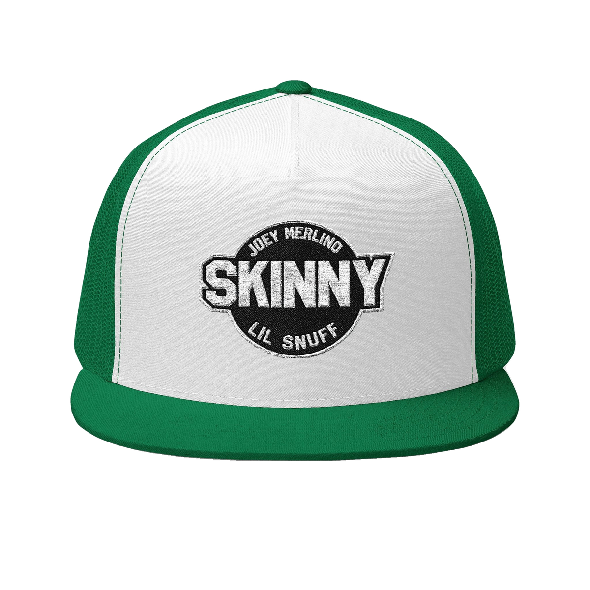 Skinny vintage logo trucker cap in kelly and white, The Skinny with Joey Merlino podcast merch