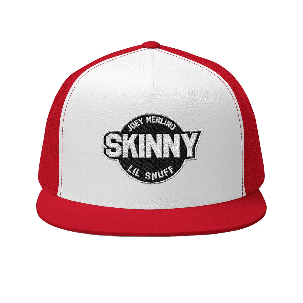 Skinny vintage logo trucker cap in red and white, The Skinny Podcast with Joey Merlino & Lil Snuff merch