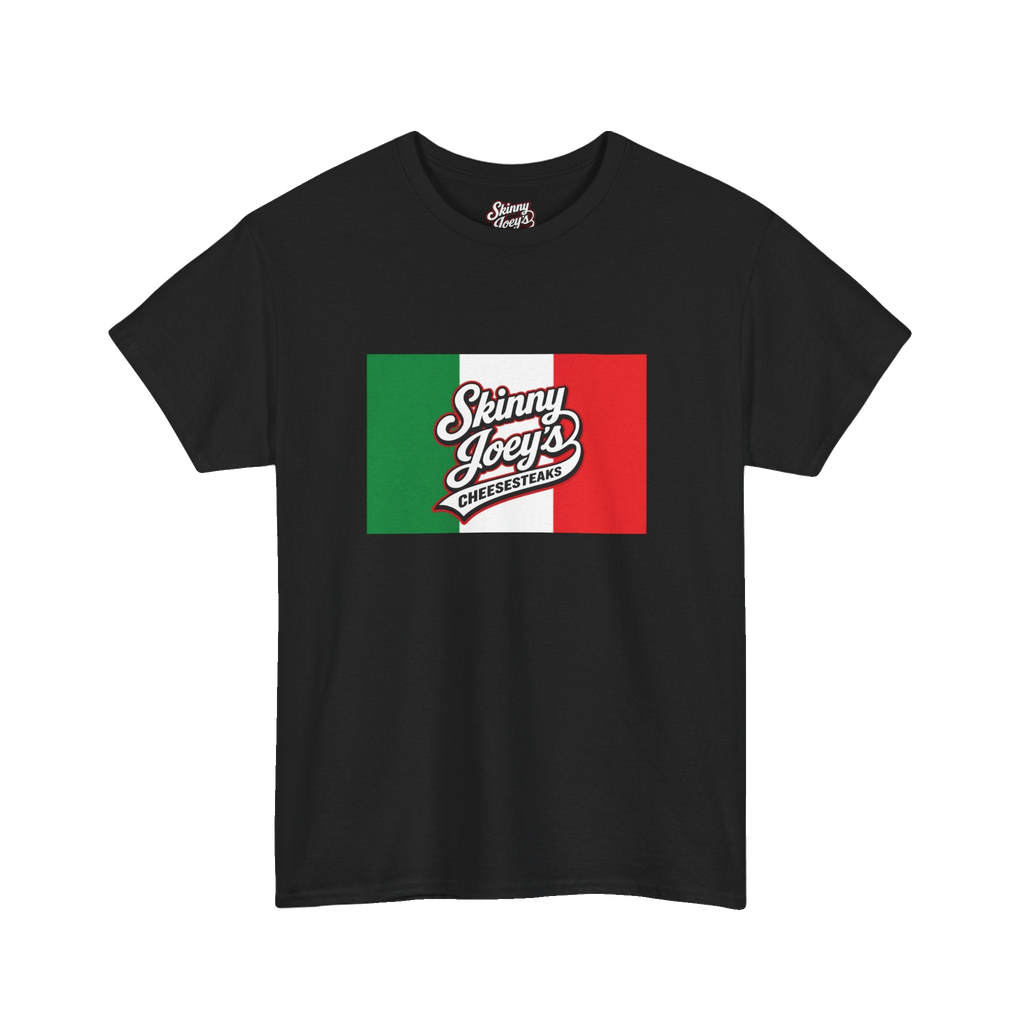 Black t-shirt with Italian flag design and 'Skinny Joey's Cheese Steaks' text on a white background