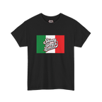 Black t-shirt with Italian flag design and 'Skinny Joey's Cheese Steaks' text on a white background