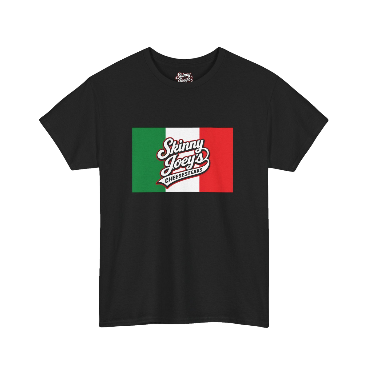 Black t-shirt with Italian flag design and 'Skinny Joey's Cheese Steaks' text on a white background