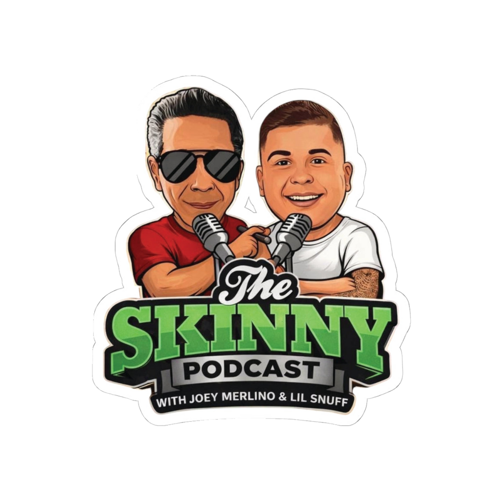 The Skinny Podcast logo kiss-cut sticker, 4x4 in, The Skinny with Joey Merlino podcast merch