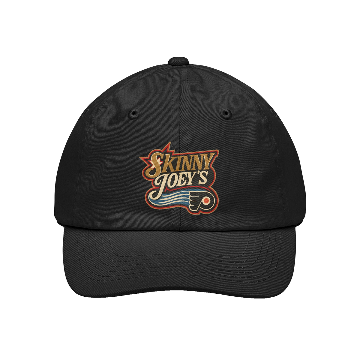 Black cap with 'Skinny Joey's' logo on a white background
