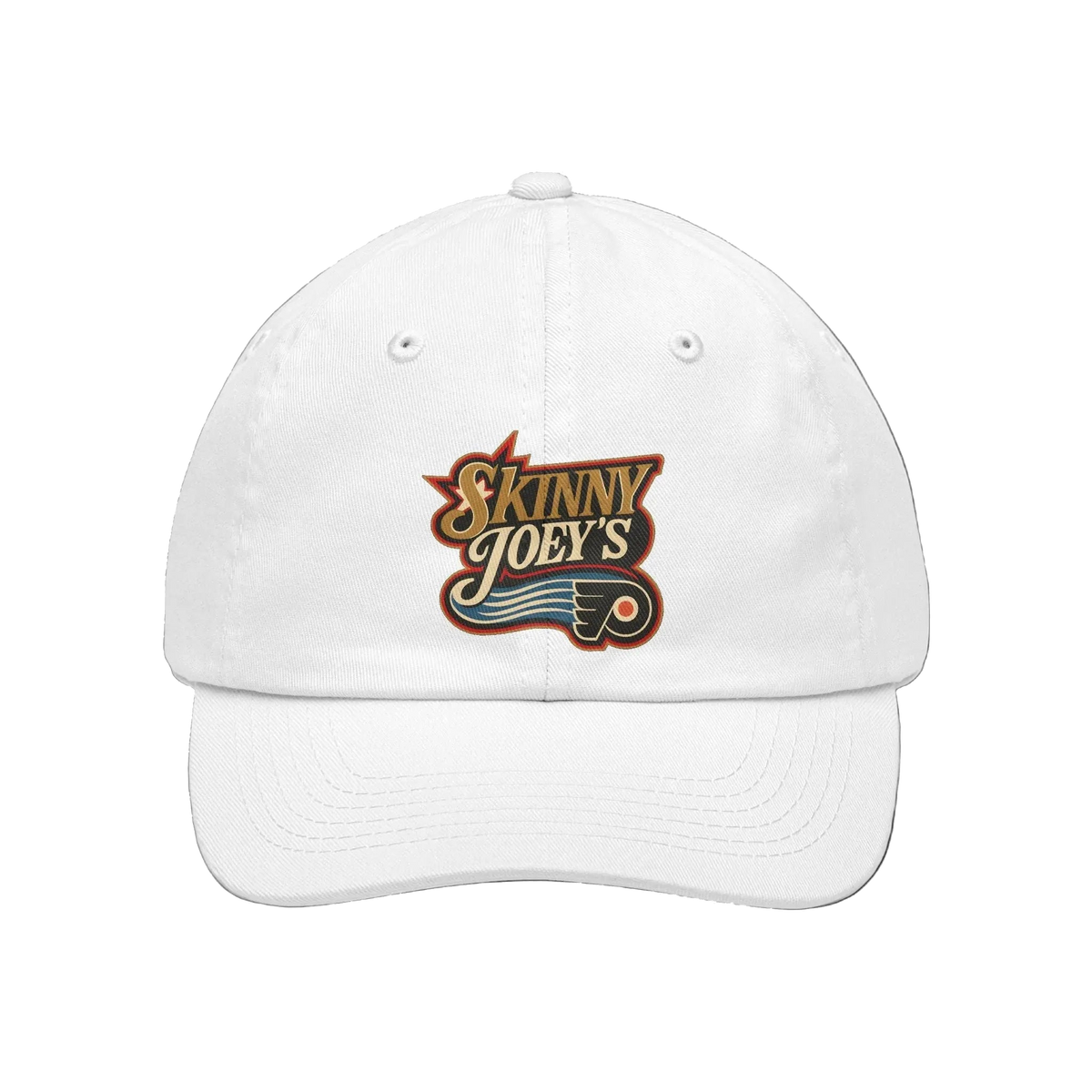 White cap with 'Skinny Joey's' logo on a white background