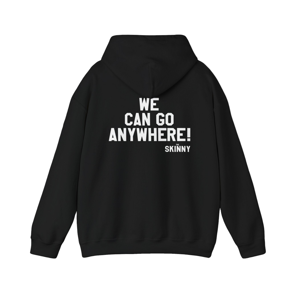 Black hoodie with white text and graphics on a white background