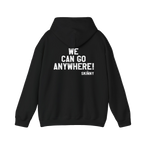 Black hoodie with white text and graphics on a white background