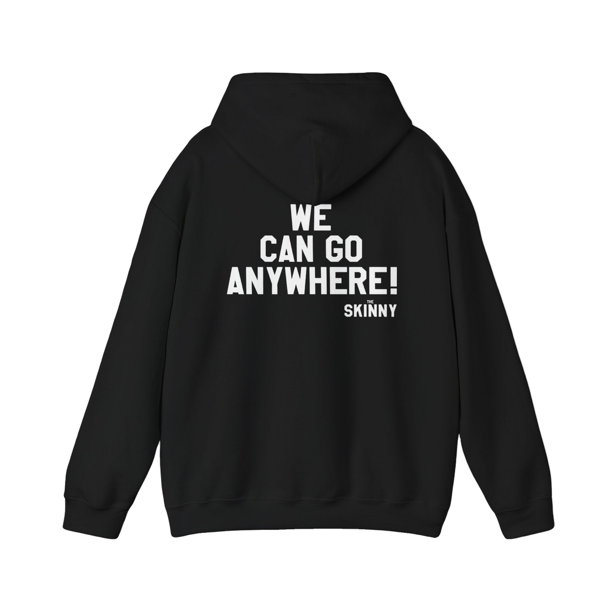 Black hoodie with white text and graphics on a white background
