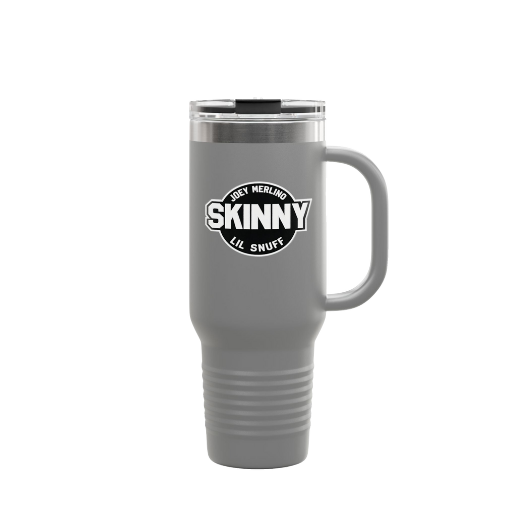 Skinny Joey x Lil Snuff 40oz travel mug in dark gray, The Skinny Podcast with Joey Merlino & Lil Snuff merch