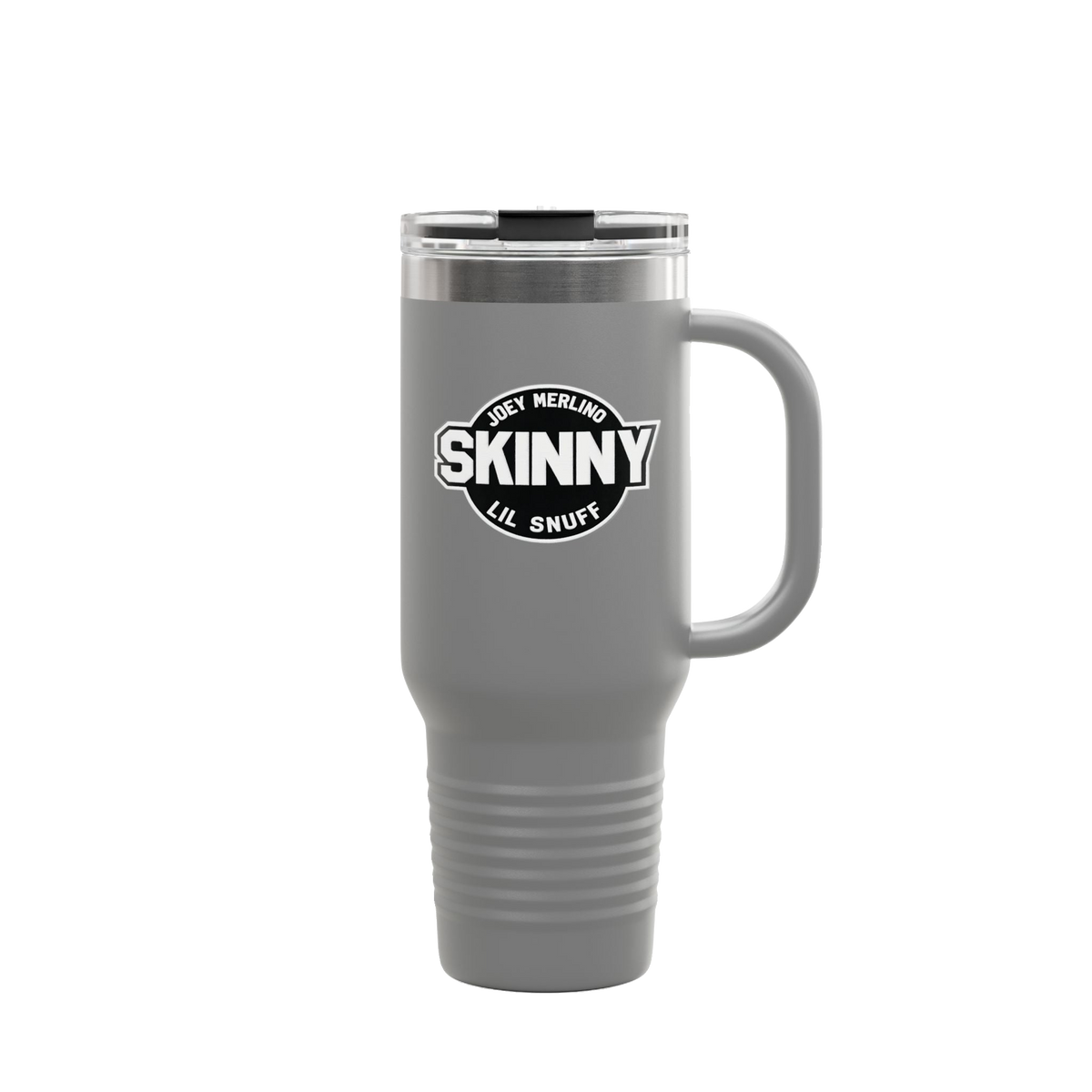 Skinny Joey x Lil Snuff 40oz travel mug in dark gray, The Skinny Podcast with Joey Merlino & Lil Snuff merch