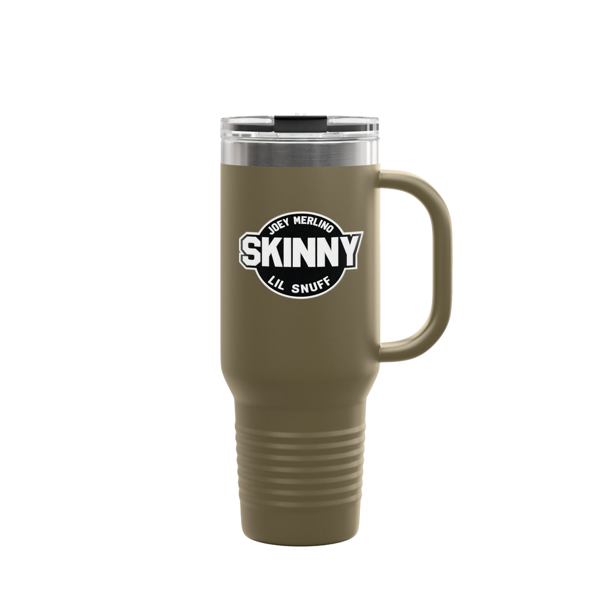Skinny Joey x Lil Snuff 40oz travel mug in olive green, South Philly streetwear