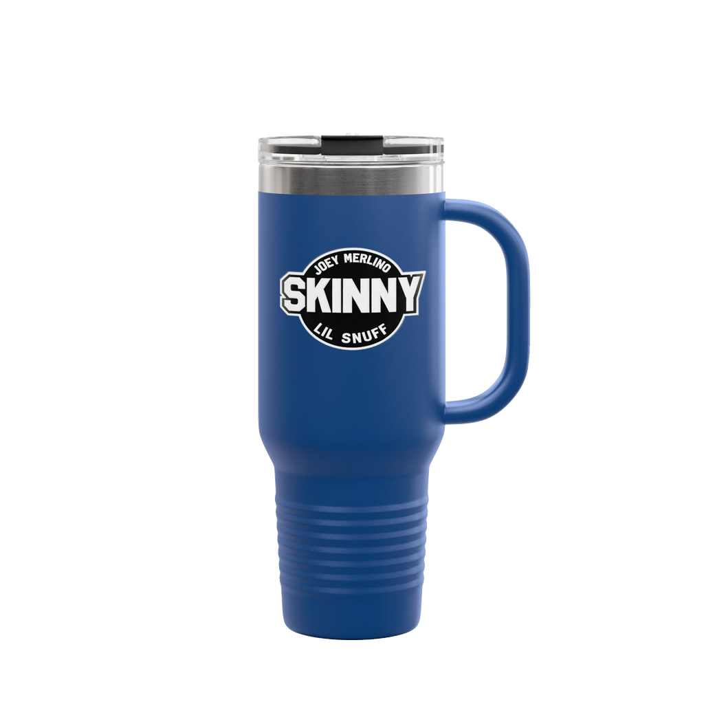 Skinny Joey x Lil Snuff 40oz travel mug in royal blue, The Skinny with Joey Merlino podcast merch