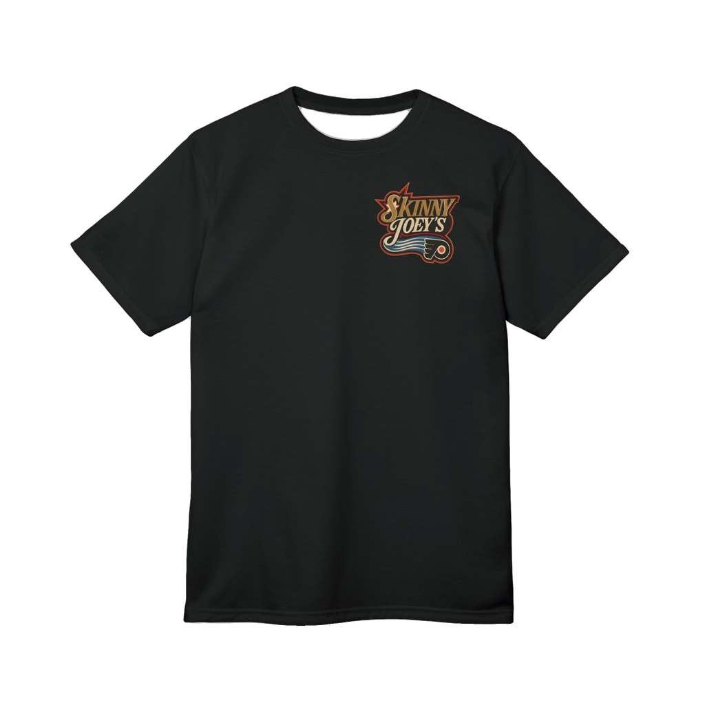 Playoff Hockey all-over print tee with black stitching, The Skinny Podcast with Joey Merlino & Lil Snuff merch