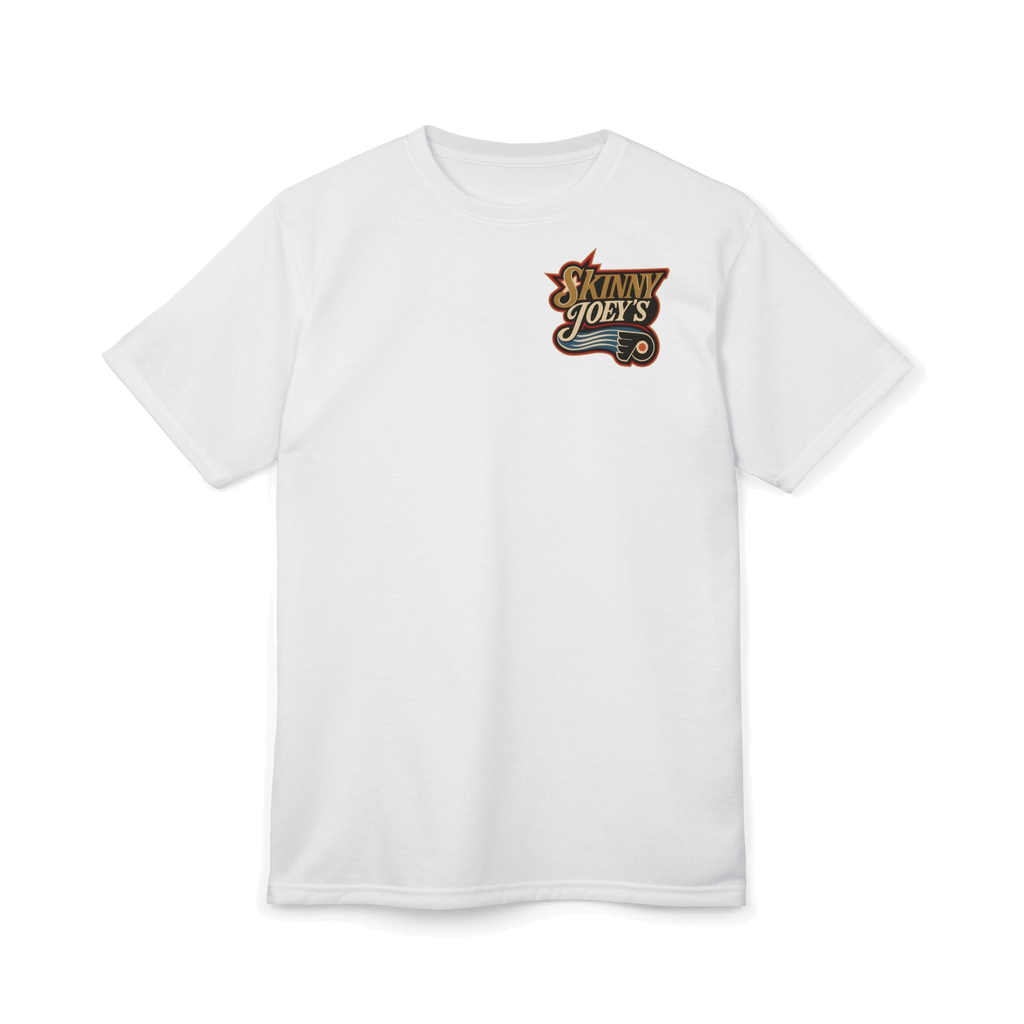 Playoff Hockey all-over print tee with white stitching, Skinny Joey's Cheesesteaks apparel