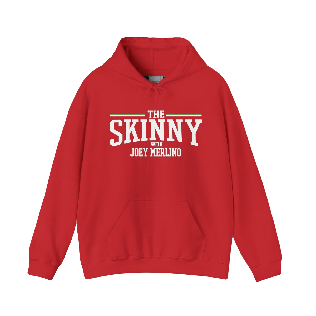 The Skinny Podcast fleece hoodie in red, The Skinny with Joey Merlino podcast merch