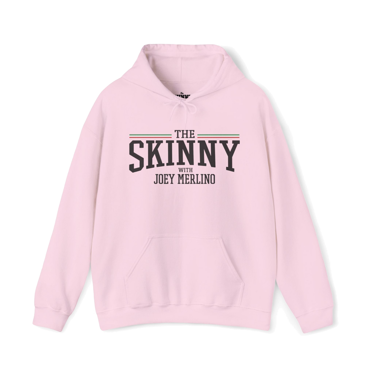 The Skinny Podcast fleece hoodie in light pink, The Skinny Podcast with Joey Merlino & Lil Snuff merch