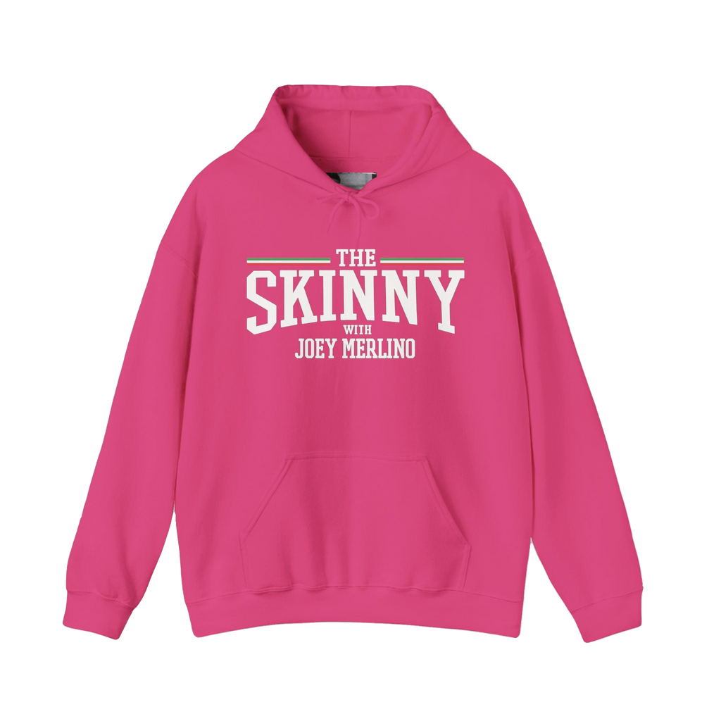 The Skinny Podcast fleece hoodie in heliconia pink, Skinny Joey's Cheesesteaks apparel
