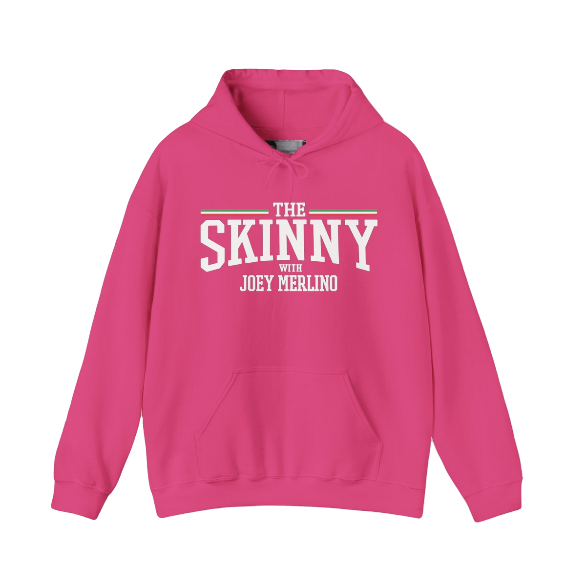 The Skinny Podcast fleece hoodie in heliconia pink, Skinny Joey's Cheesesteaks apparel