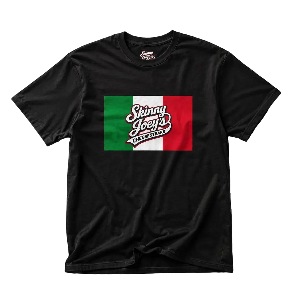 Italian flag Skinny Joey's logo tee in black, The Skinny with Joey Merlino podcast merch