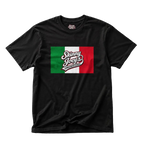 Italian flag Skinny Joey's logo tee in black, The Skinny with Joey Merlino podcast merch