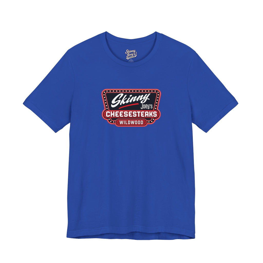 Official Wildwood graphic tee in royal blue, The Skinny with Joey Merlino podcast merch