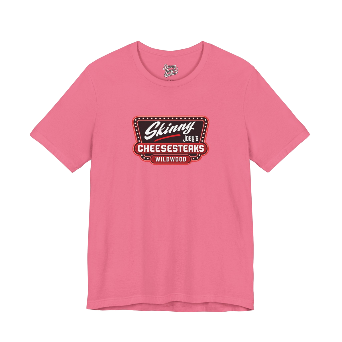 Official Wildwood graphic tee in charity pink, The Skinny Podcast with Joey Merlino & Lil Snuff merch