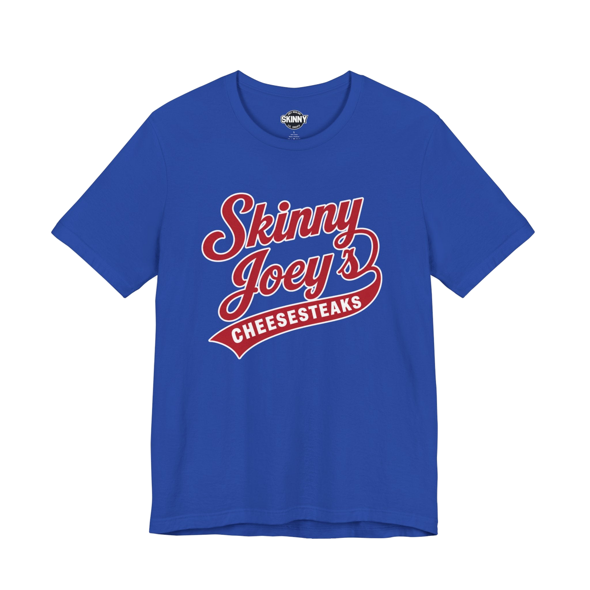 Retro Diner logo graphic tee in royal blue, The Skinny with Joey Merlino podcast merch