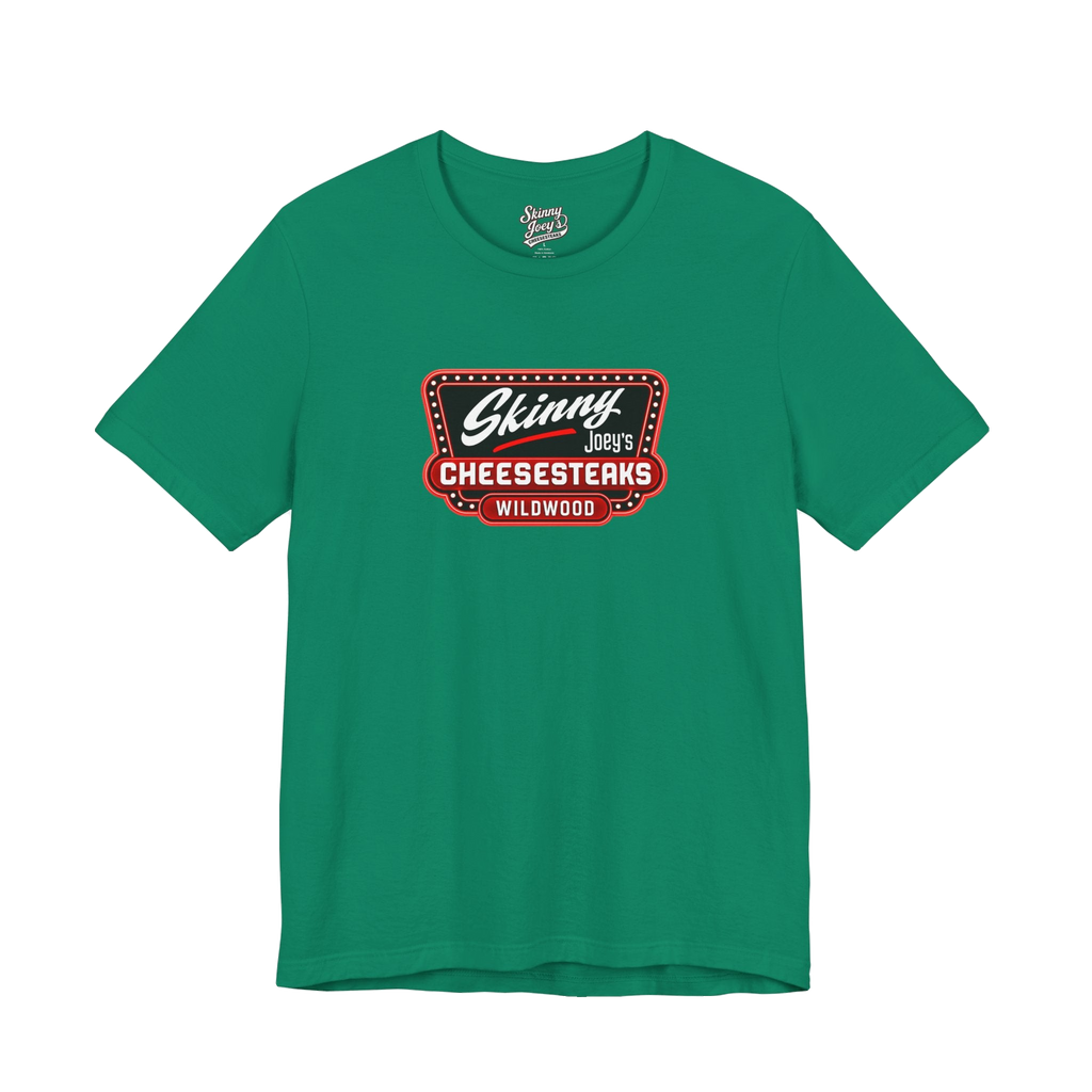 Green t-shirt with a red and white logo on a white background
