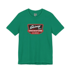 Green t-shirt with a red and white logo on a white background