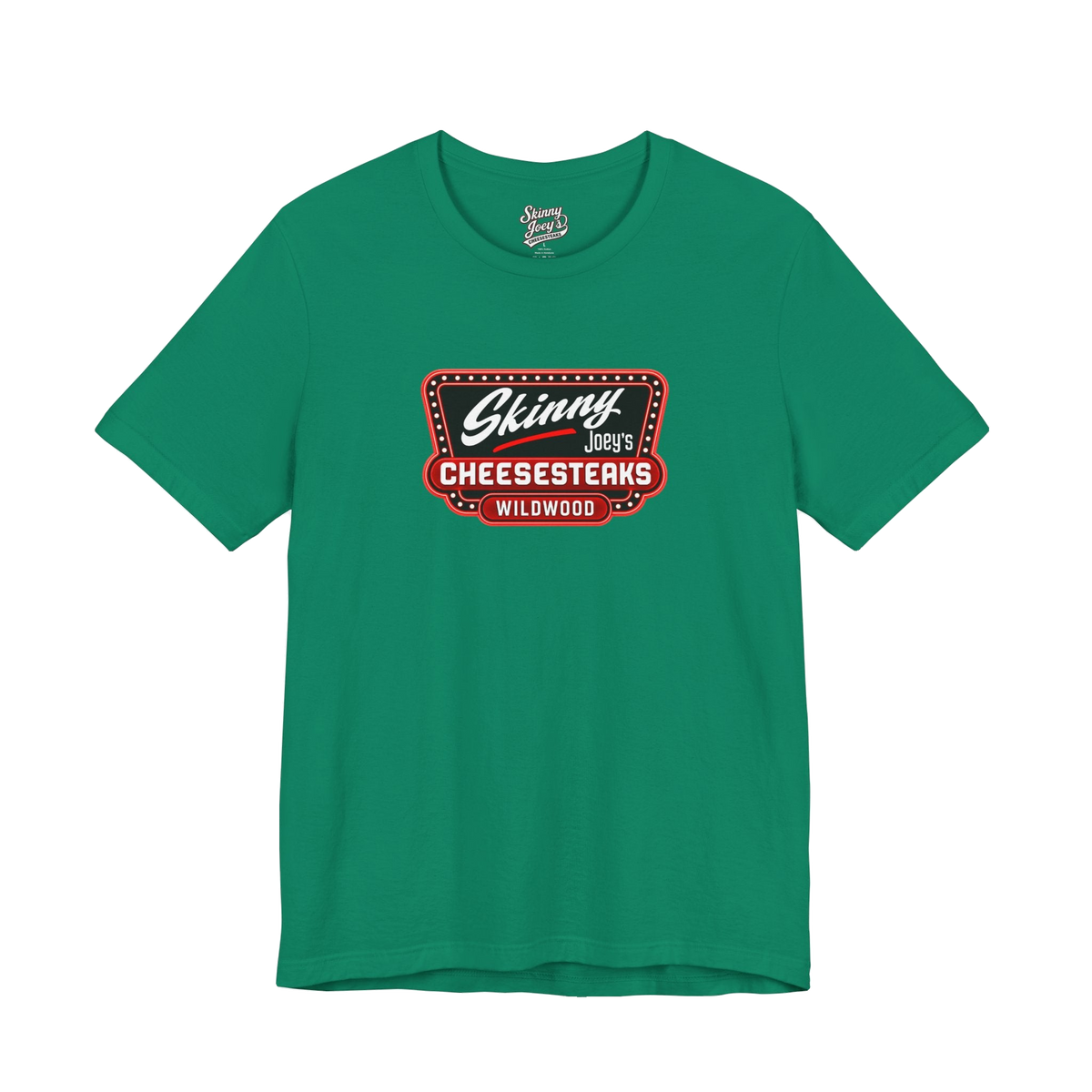 Green t-shirt with a red and white logo on a white background