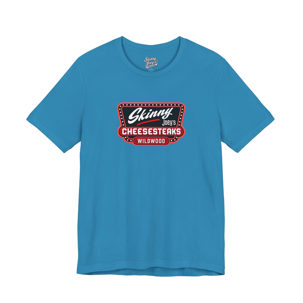 Official Wildwood graphic tee in aqua, The Skinny Podcast with Joey Merlino & Lil Snuff merch